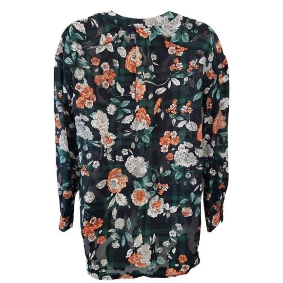 Tommy Hilfiger Navy Blue Floral‎ Plaid Textured Long Sleeve Top Sz XS NEW - Picture 2 of 7